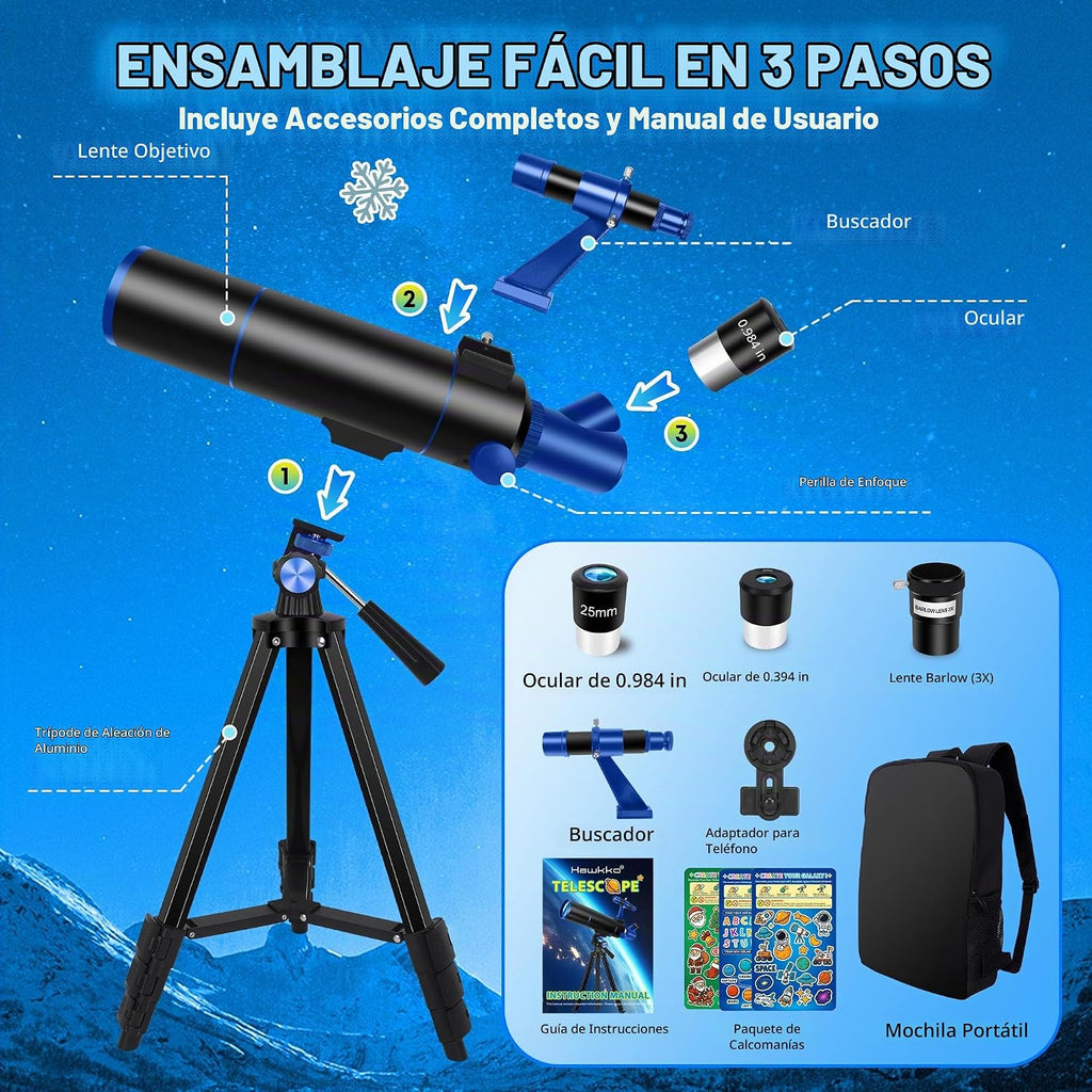 Hawkko Telescopio Portátil para Niños y Principiantes 80mm Apertura 500mm