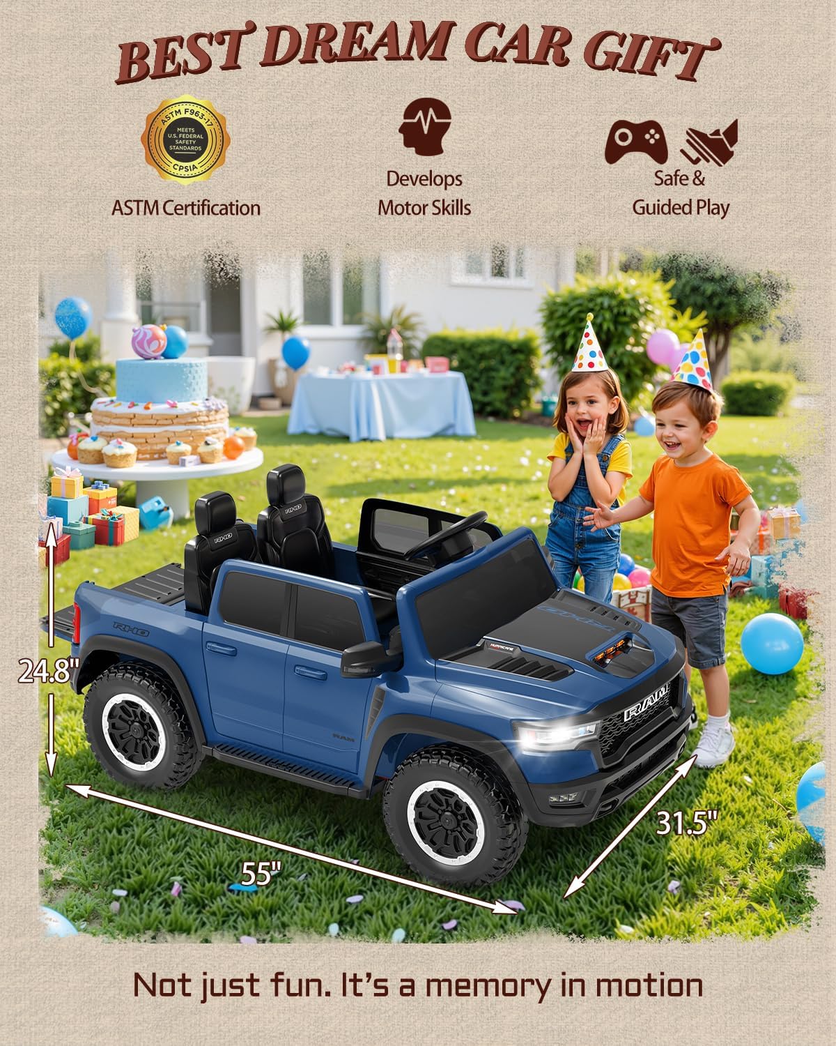 First Ride On Juguetes de paseo de 24 V para niños grandes, RAM 1500 RHO de 2 plazas con control remoto, camión alimentado por batería con suspensión de 4 ruedas, automóvil para niños pequeños con