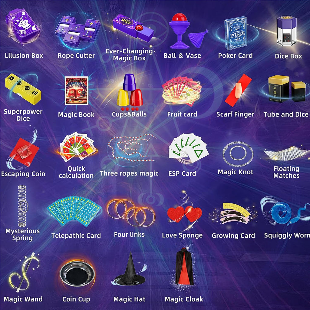 Kit de trucos de magia, 30 en 1, juego de magia para niños de 6, 7, 8, 9, 10, 11, 12, disfraz de mago para juego de simulación e instrucciones en video paso a paso para cada truco para principiantes, regalos de cumpleaños para niños