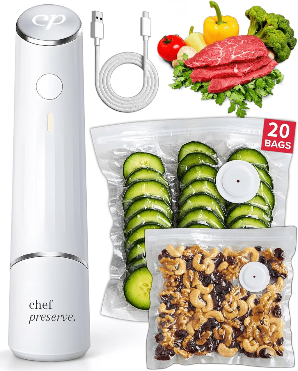 Chef Preserve Selladora al Vacío Compacta para Alimentos (Máquina Selladora al Vacío + 20 Bolsas al Vacío Reutilizables) Potente Máquina Selladora al Vacío Portátil, Selladora de Comida Portátil