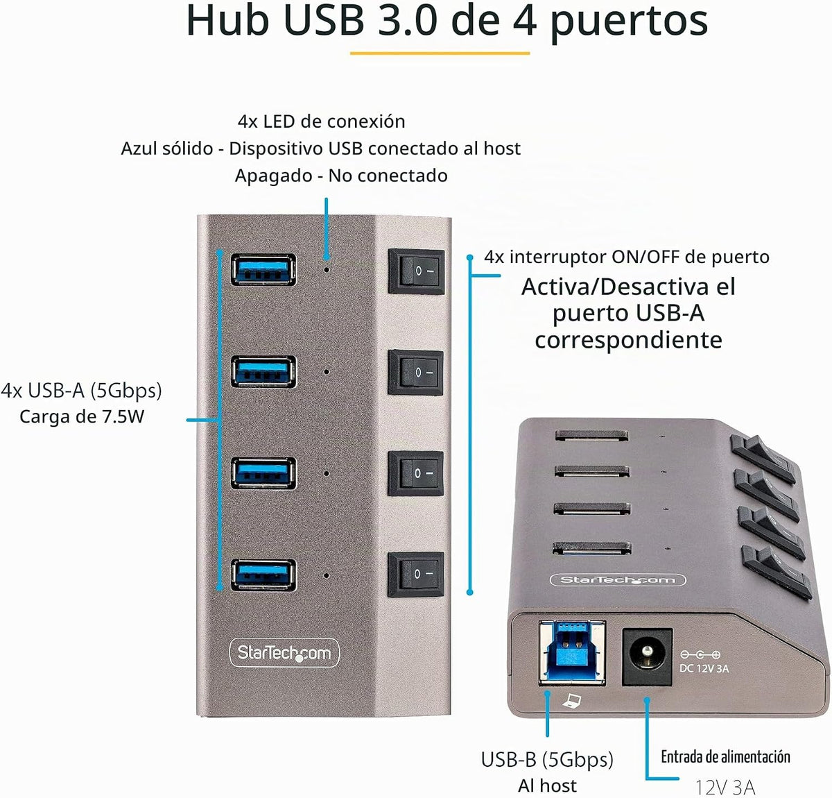 StarTech.com, 5G4AIBS-USB-HUB-NA, hub USB 2.0 de 4 puertos, alimentado