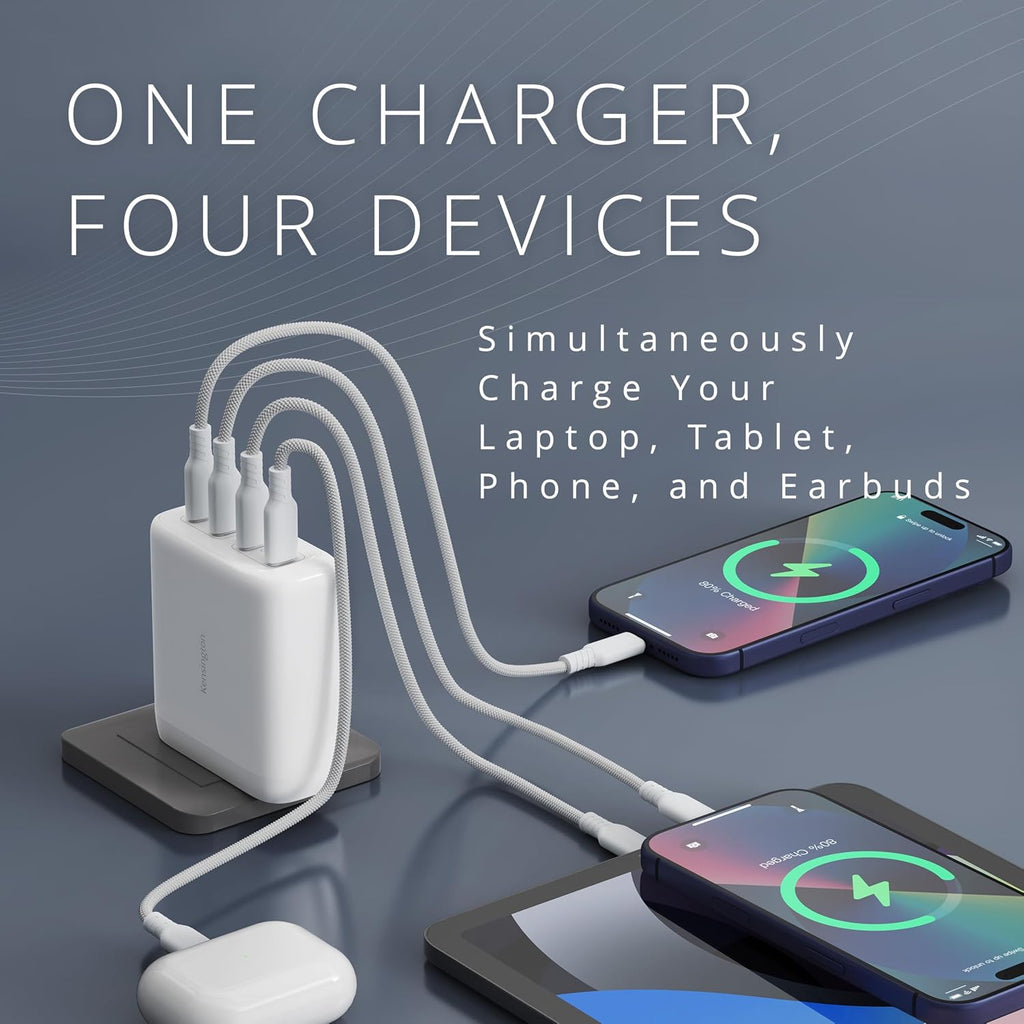 Kensington Adaptador de corriente USB-C GaN, cargador rápido con entrega de energía para portátiles, tabletas y teléfonos inteligentes, Blanco