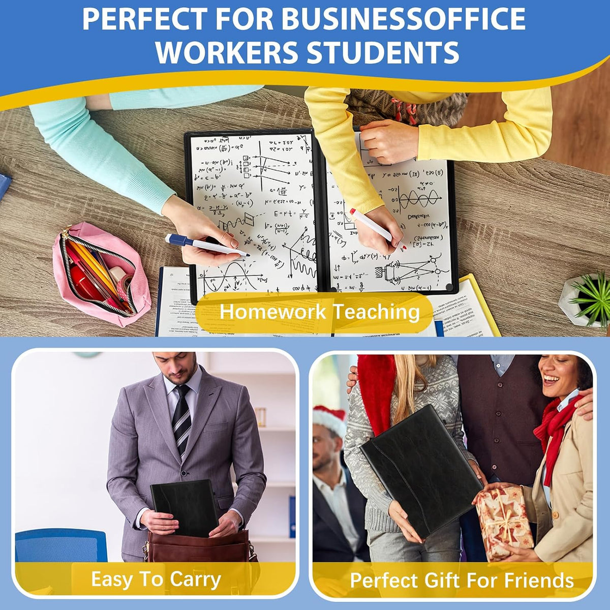 Feifeiya Cuaderno portátil de borrado en seco de 6 lados, negro, A4 9" X 12