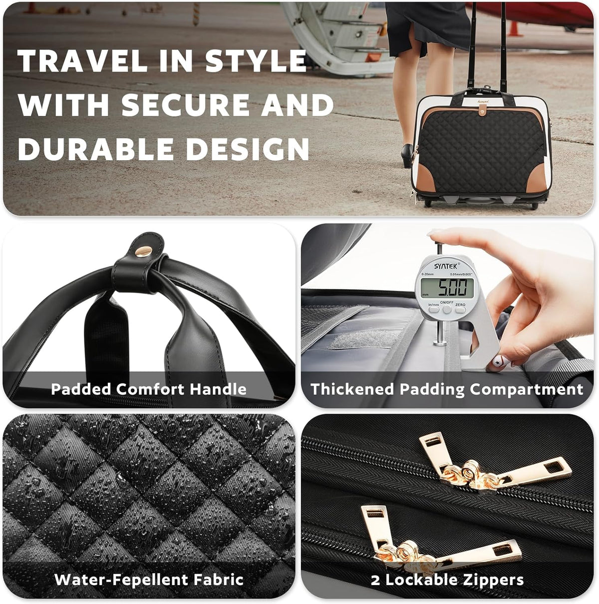 Arcoyard - Bolsa con ruedas para laptop, maletín con ruedas para mujer, con bolsillo impermeable, bolsa para computadora de 17 pulgadas, equipaje de mano debajo del asiento con ruedas para trabajo