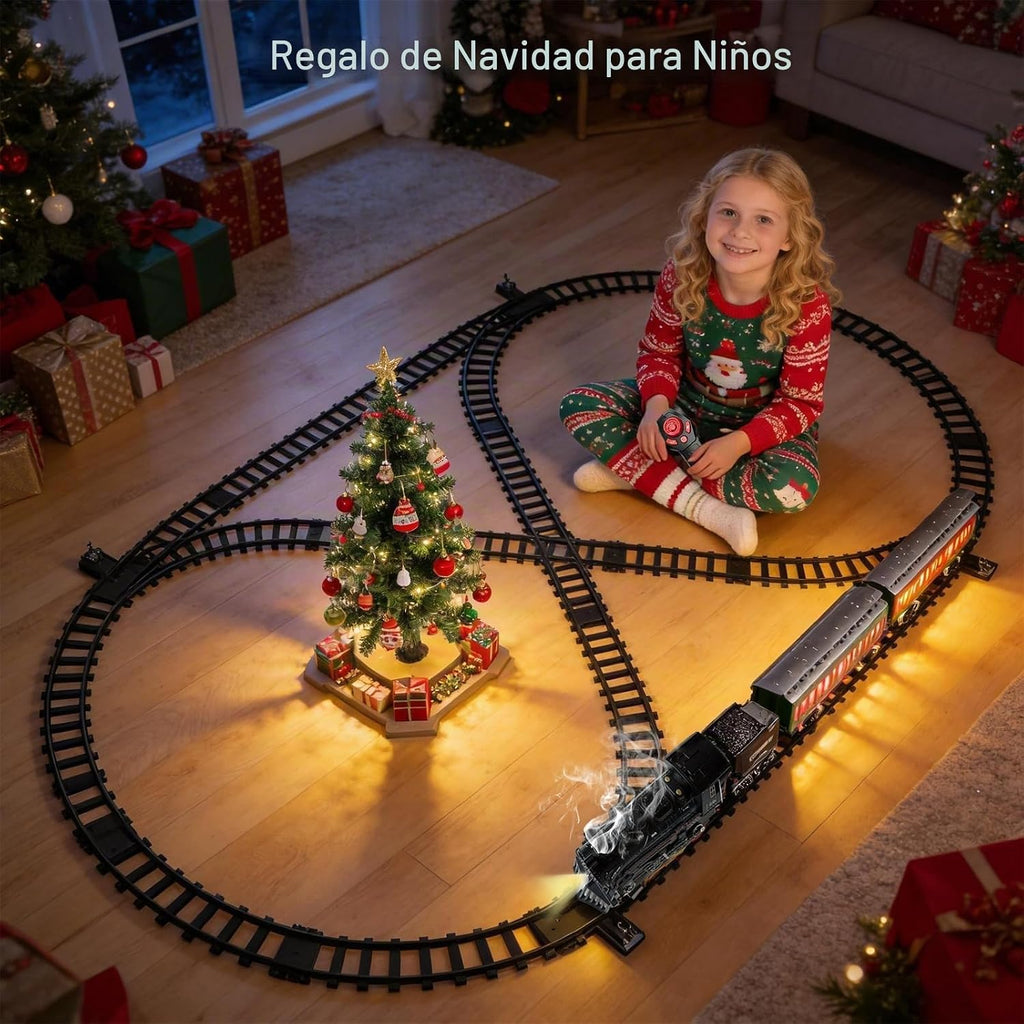 Juego de tren eléctrico con control remoto para niños, aleación de metal, juguetes de tren de Navidad, locomotora de vapor, vagones de pasajeros, pistas de lujo, luces y sonidos, recargable, regalos