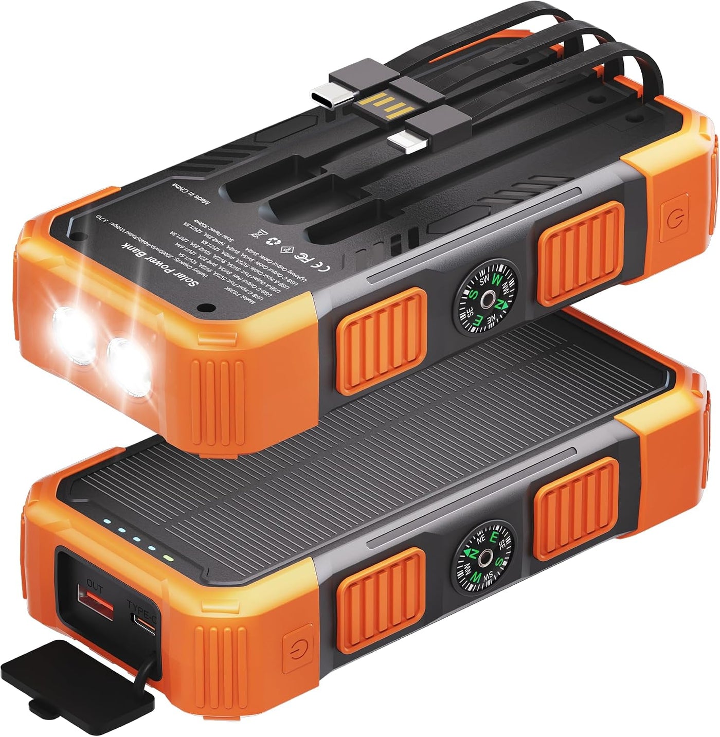 GULLVEN Cargador solar de 20000 mAh con 3 cables integrados, cargad...