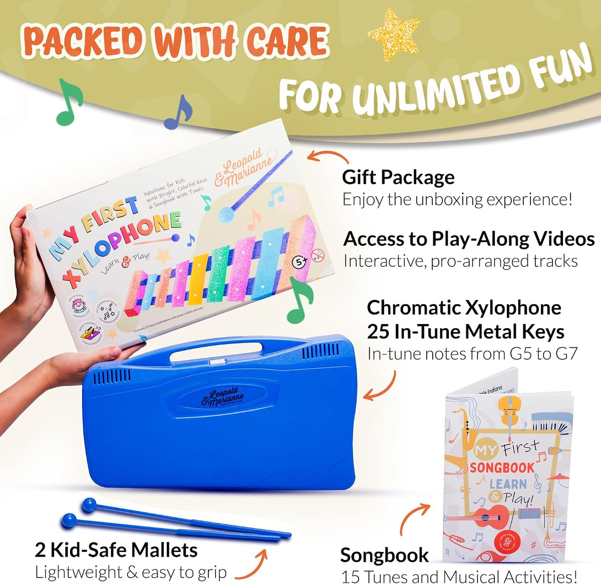Glockenspiel - Xilófono para niños, instrumento musical cromático de 25 notas con libro de canciones y videos de reproducción, teclas de metal codificadas por colores