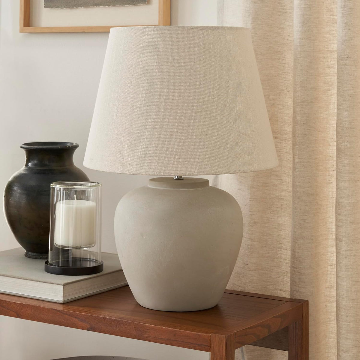 Lámpara Nourison Home - Lámpara de mesa de cerámica neutra de 20 pulgadas (beige claro) con pantalla de tela, lámpara de mesita de noche para dormitorio, sala de estar, entrada
