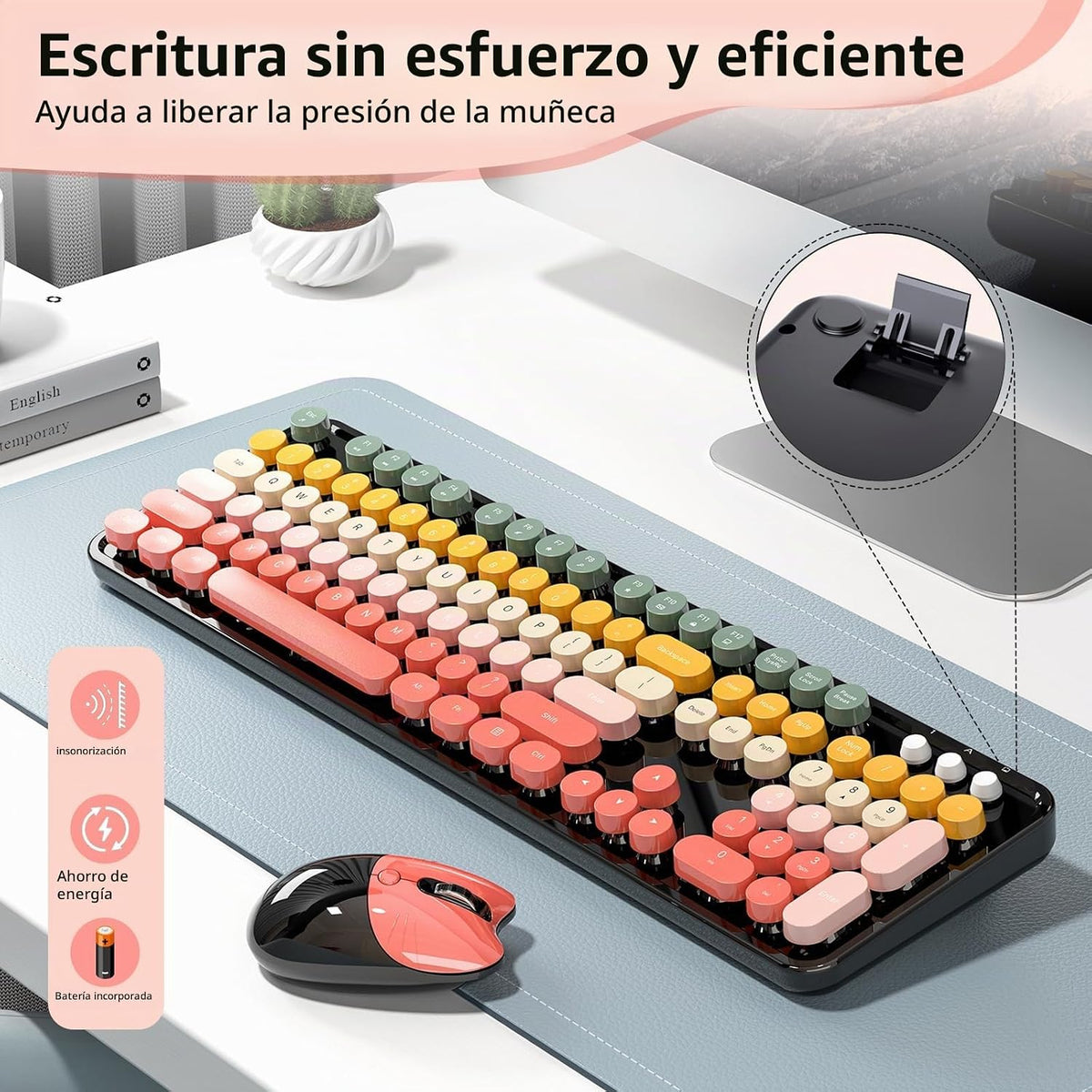 Teclado y ratón inalámbricos, MOFII 104 teclas redondas máquina de...