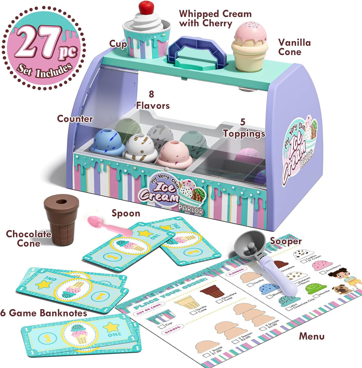Lehoo Castle Juguetes de helado para niños pequeños de 3 a 5 años, juguetes para niñas de 3 a 4 años, juego de tienda de helados para niños, regalo para niñas y niños de 3, 4, 5, 6 años