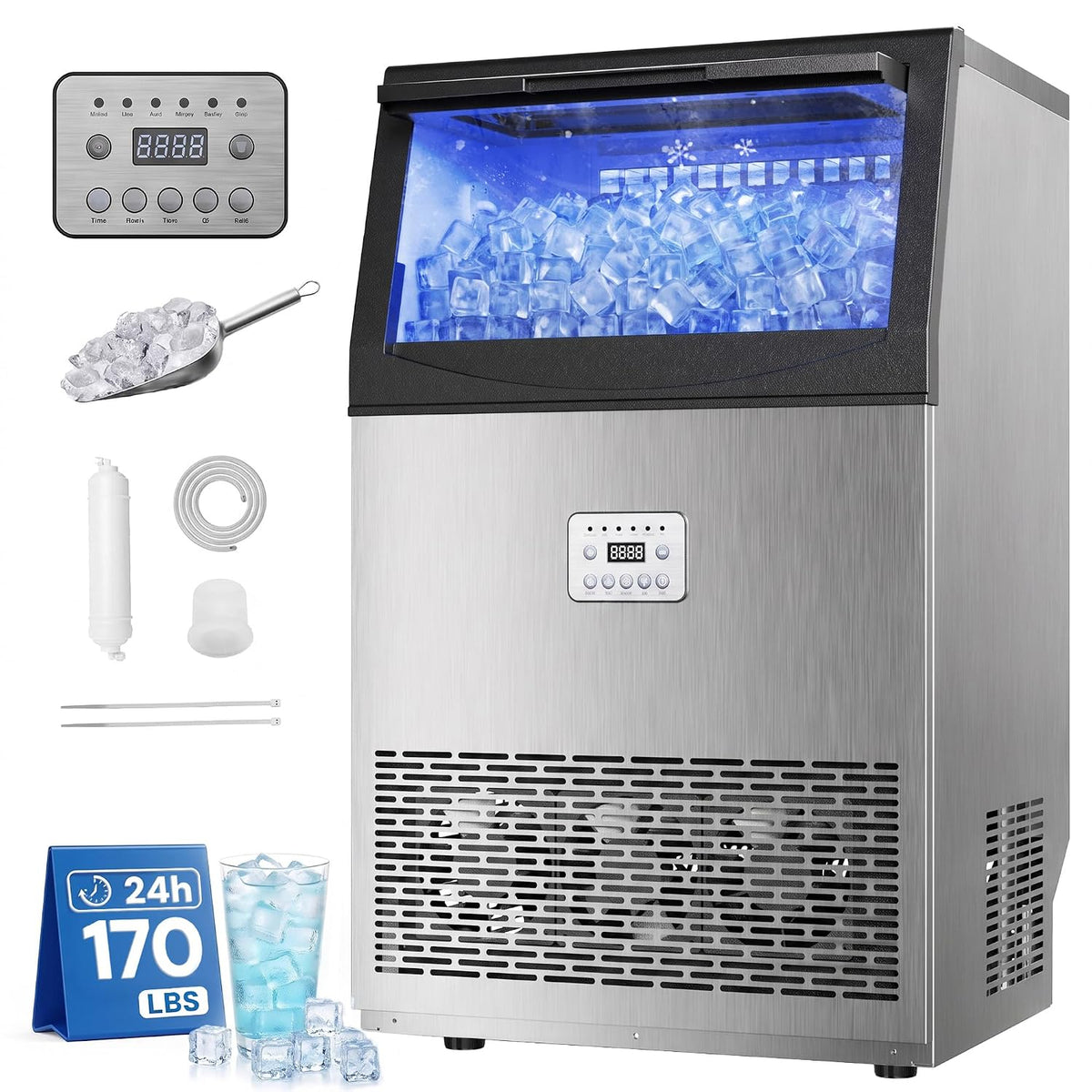 Uthfy Máquina de hielo comercial de 170 libras/24 horas, máquina de hielo debajo de la encimera, 50 cubos de hielo en 14 minutos, almacenamiento de 55 libras, filtro de agua y autolimpieza, máquina de