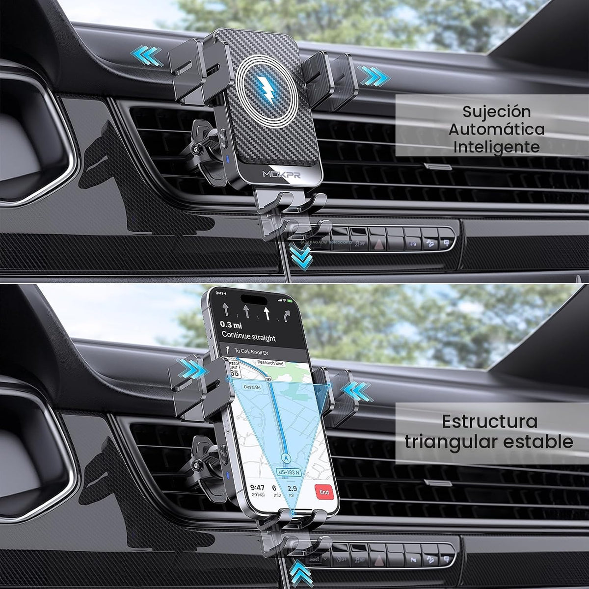 Cargador inalámbrico para automóvil MOKPR, cargador de auto de 15W con sujeción automática compatible con iPhone 16/15/14/13/13 Pro/12 pro/12/11, Samsung Galaxy S23/S22/S21/S20, etc
