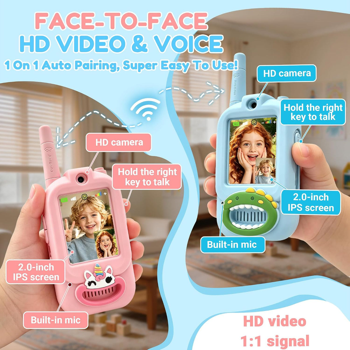 Octomo Walkie Talkies de video para niños, paquete de 2, Walkie Talkie de