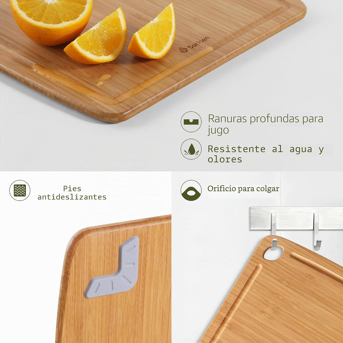 Tabla de cortar de bambú ligera y duradera con pies antideslizantes, tabla de cortar de madera no tóxica para cocina, resistente al calor, tabla de cortar y charcutería con ranura para jugos, esenciales de cocina para carne