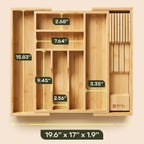 Organizador de cajones para organización de la cocina, organizador de cajones de cubiertos de bambú expandible con bloque de cuchillos extraíble, cubiertos de bambú, organizador de utensilios
