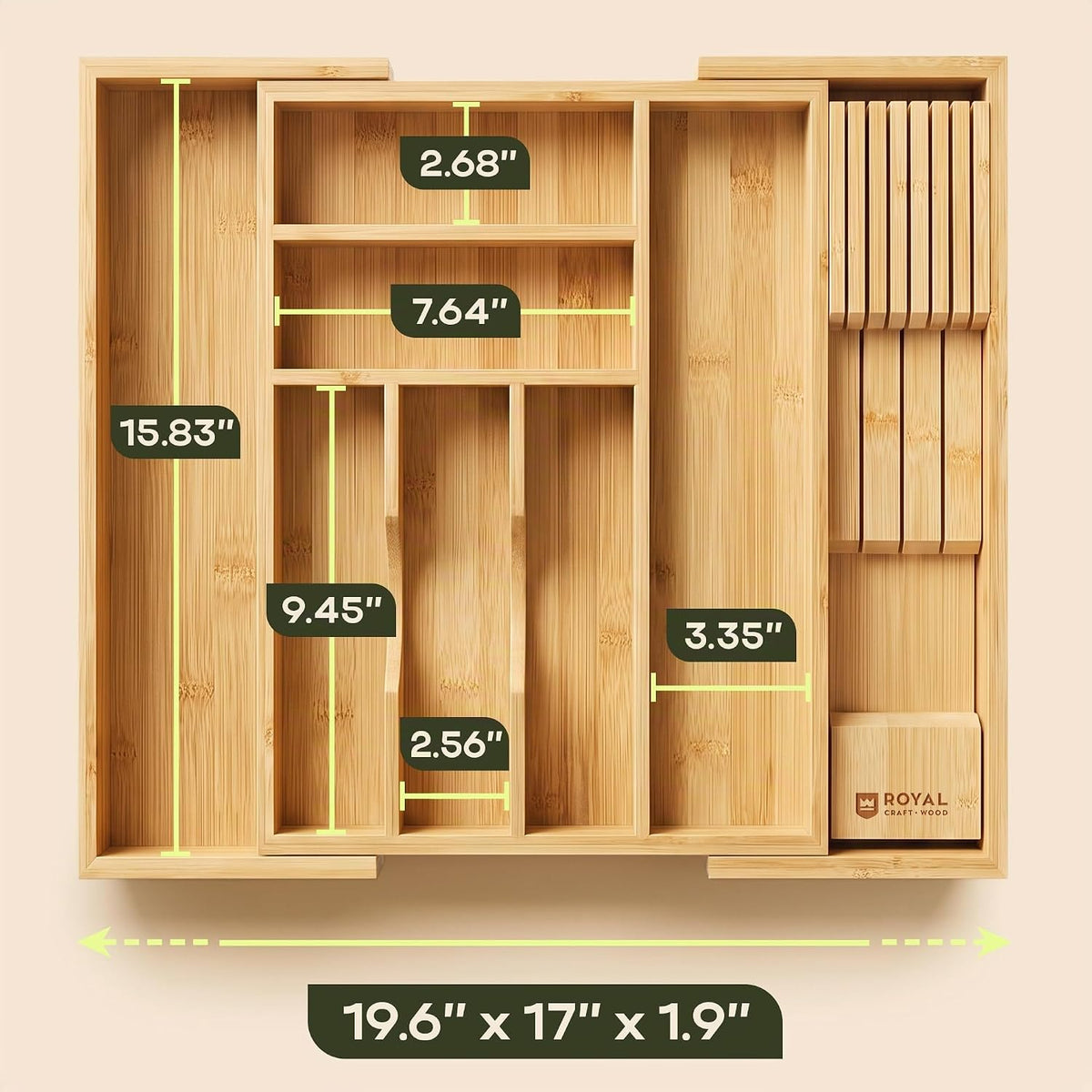 Organizador de cajones para organización de la cocina, organizador de cajones de cubiertos de bambú expandible con bloque de cuchillos extraíble, cubiertos de bambú, organizador de utensilios