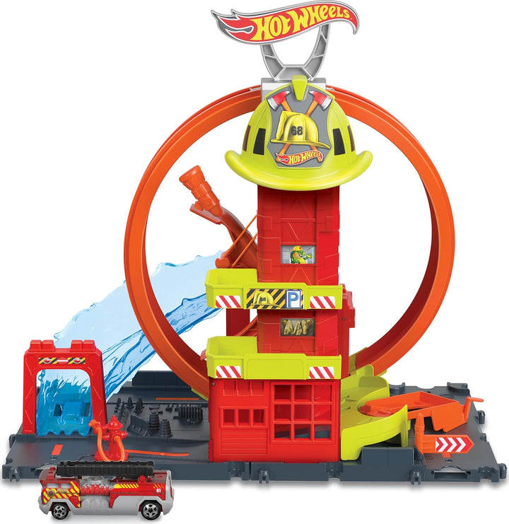 Hot Wheels City con 1 coche de juguete, ascensor impulsado por niño...