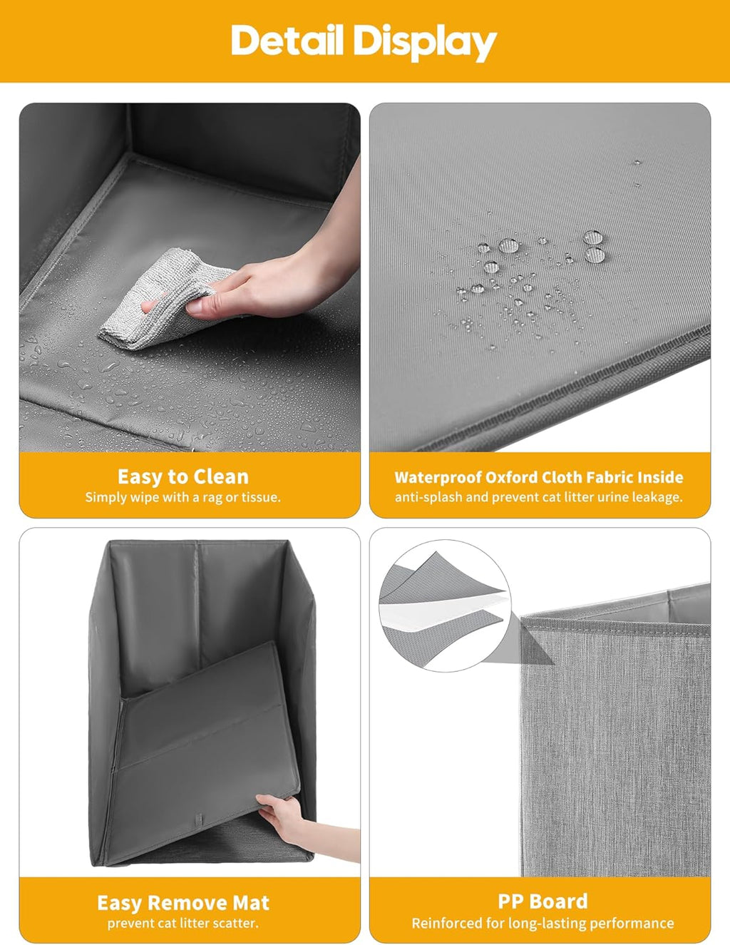 Caja de arena impermeable para gatos con alfombrilla extraíble, caja para gatos con 2 ganchos para cuchara, antifugas, control de polvo, fácil de limpiar, 24.02 x 16.14 x 16.14 pulgadas