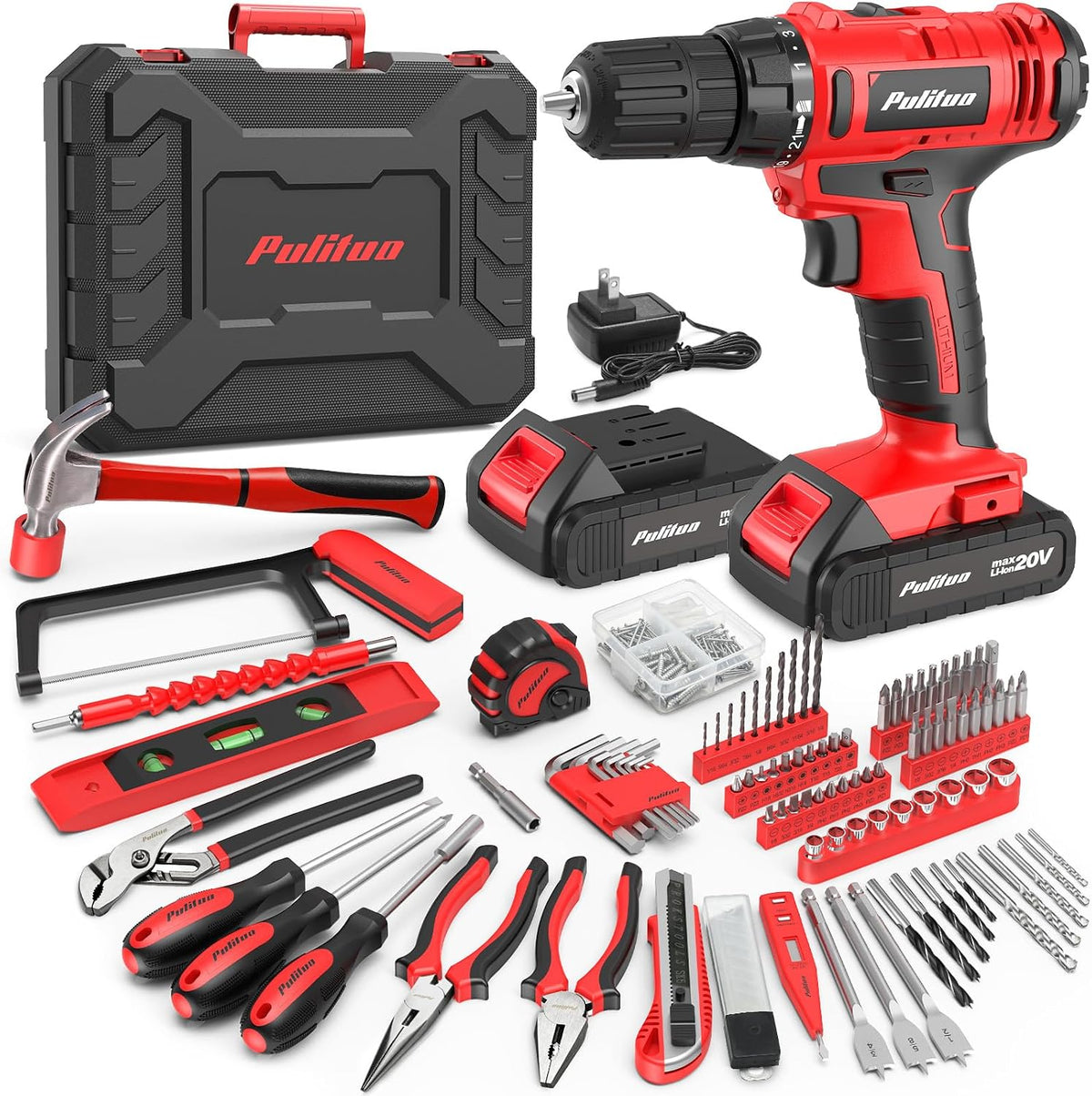 PULITUO Kit de herramientas de taladro eléctrico con taladro/destornillador inalámbrico de 20 V, destornillador eléctrico, 2 baterías y cargador, luz LED, juego de herramientas de bricolaje rosa para