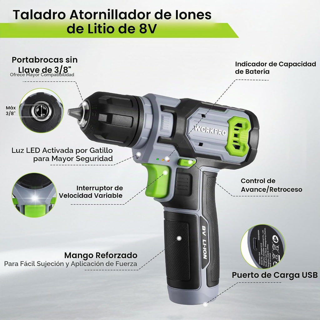 WORKPRO Power Drill Bit Set con Tool Box, 8V Cordless Drill Driver