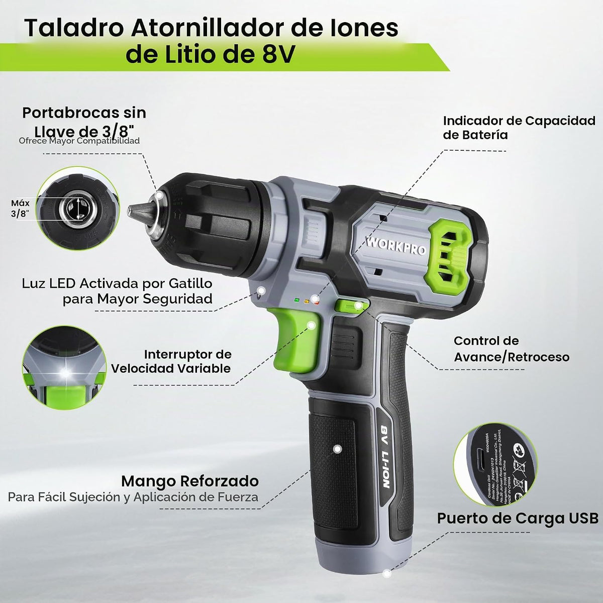 WORKPRO Power Drill Bit Set con Tool Box, 8V Cordless Drill Driver