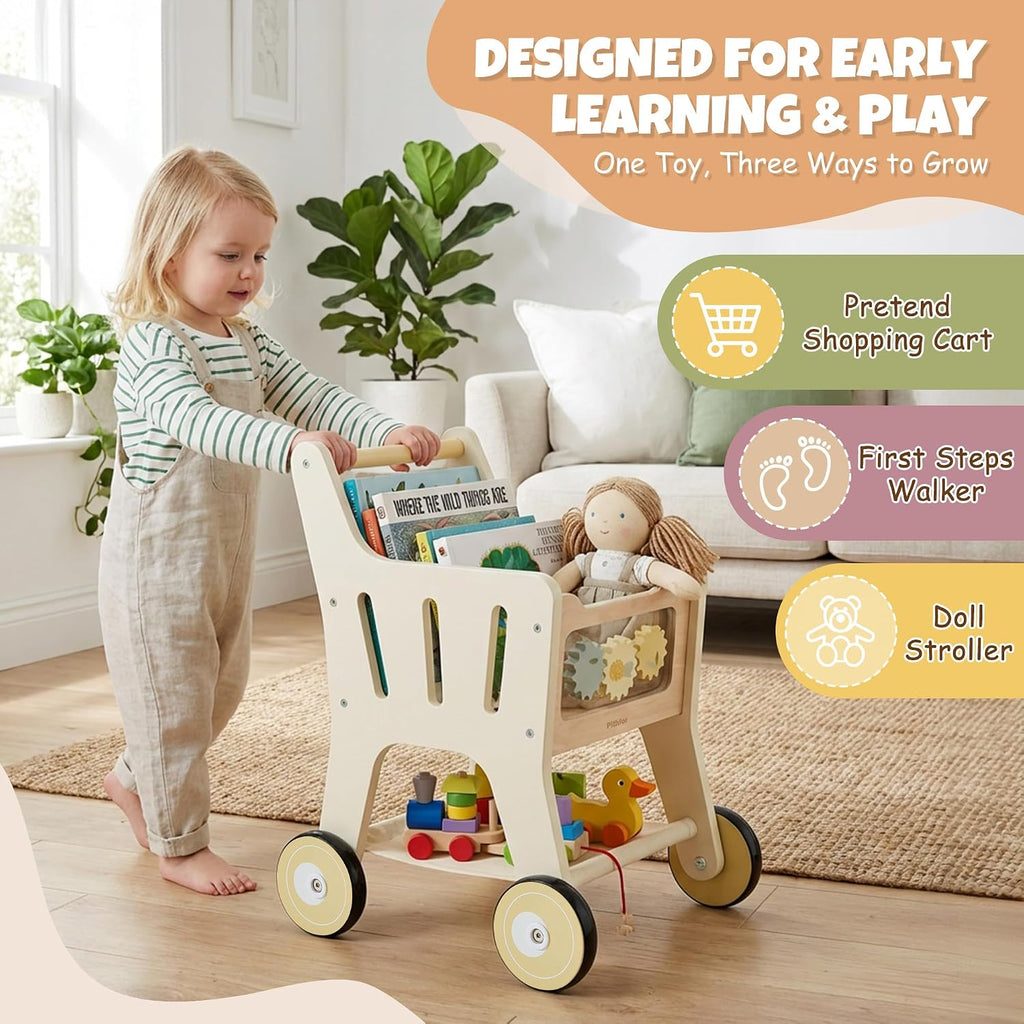 Carrito de compras de madera para niños, 3 en 1 caminante de madera para bebés, cochecito de muñeca de bebé, carrito de compras de juguete para niños pequeños de 1 a 3 años