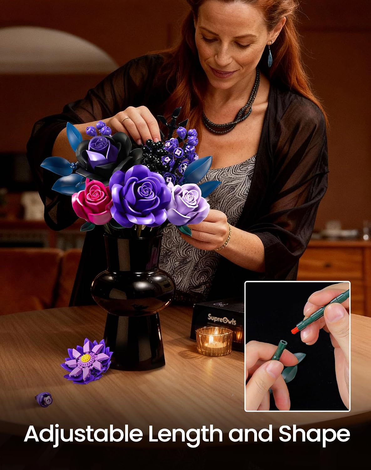 iATOM Juego de construcción de ramo de flores, kits de colección botánica de rosas moradas para mujeres adultas, regalo para el día de la madre para ella/mamá/novia/esposa/pareja, decoración gótica moderna de mesa para el hogar y la oficina