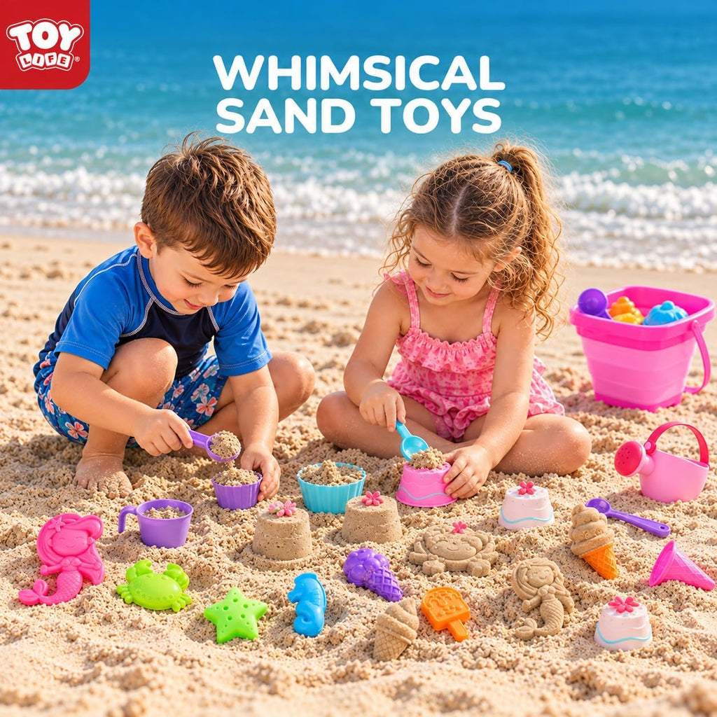 TOY Life 41 piezas de juguetes de playa para niños de 4 a 8 años, juguetes de arena plegables para niños pequeños con cubo de silicona, palas y kit de construcción de castillos de arena, juguete de