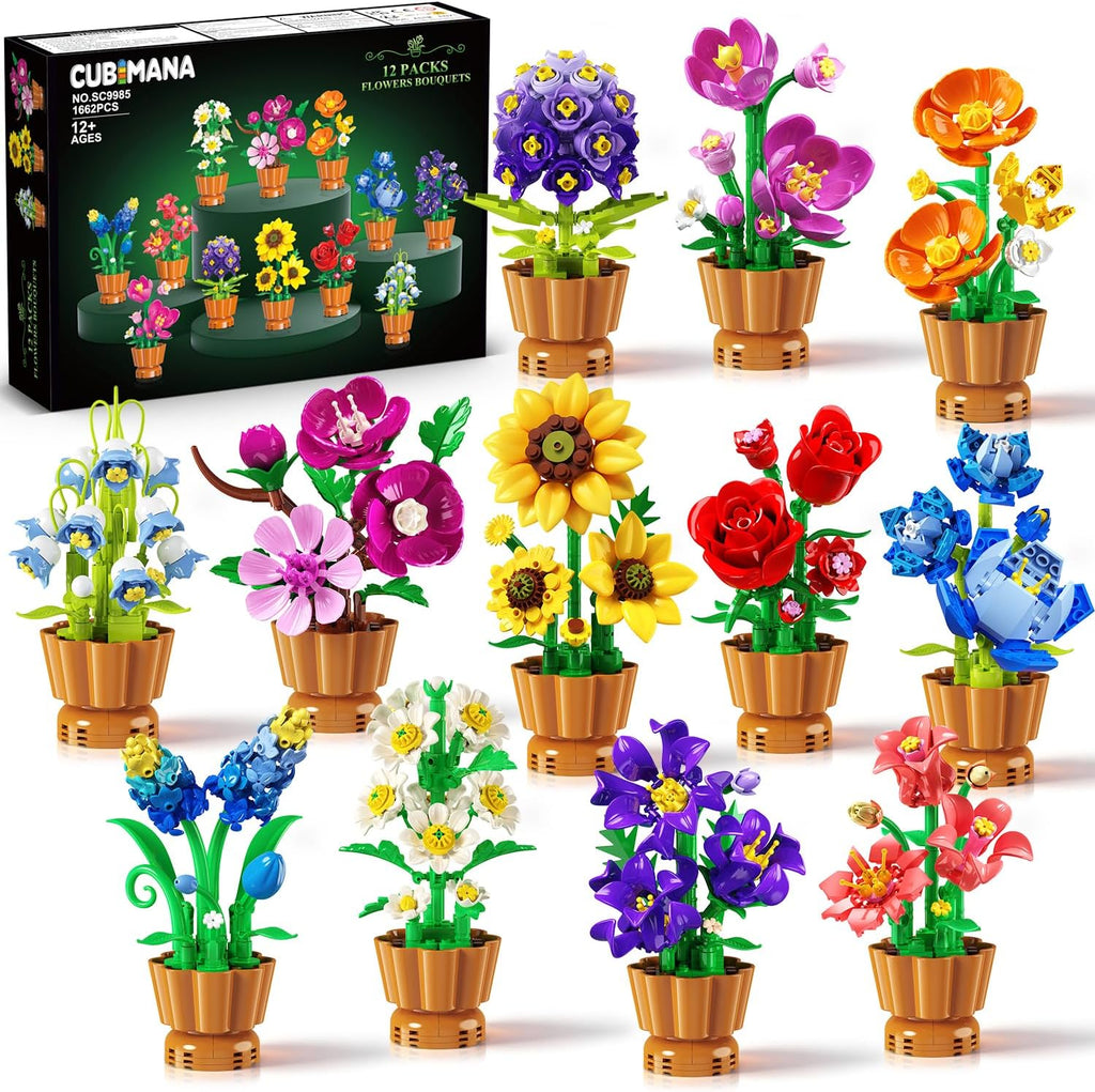 Paquete de 12 flores botánicas colección de construcción para adultos, mini bloque de 0.142 in, kit de manualidades de flores artificiales, flores artificiales para decoración de escritorio de oficina