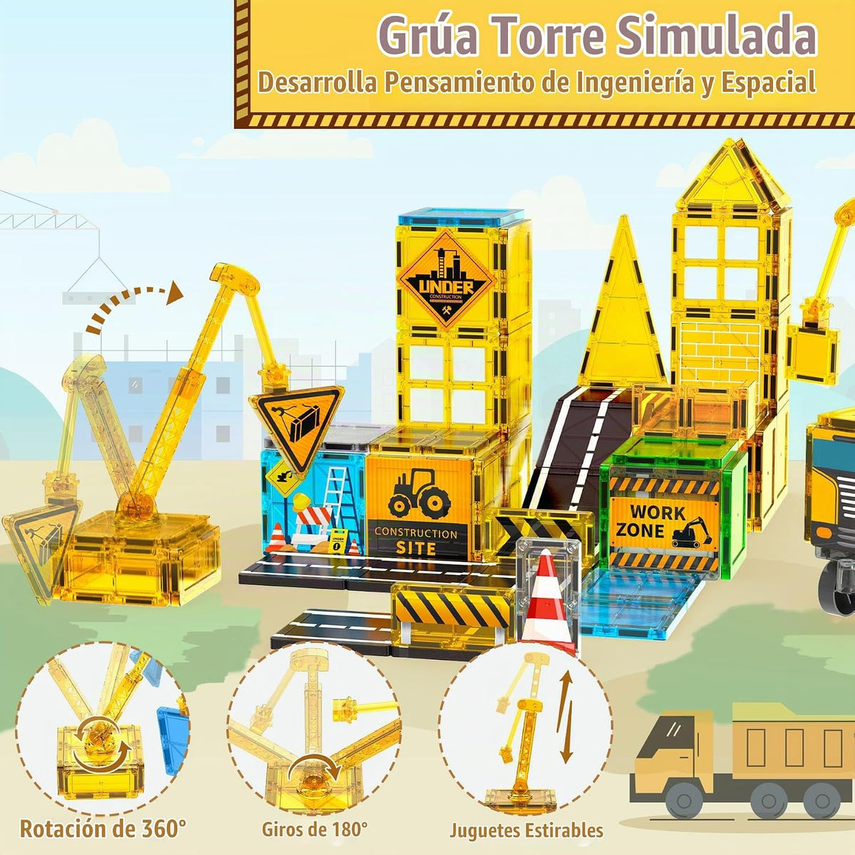 SKTMYY Azulejos magnéticos para niños, juguetes de construcción con grúa