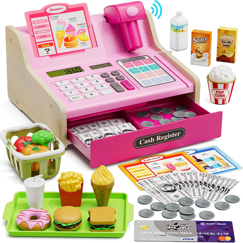 Caja Registradora de Madera para Niños con Calculadora Real, Color