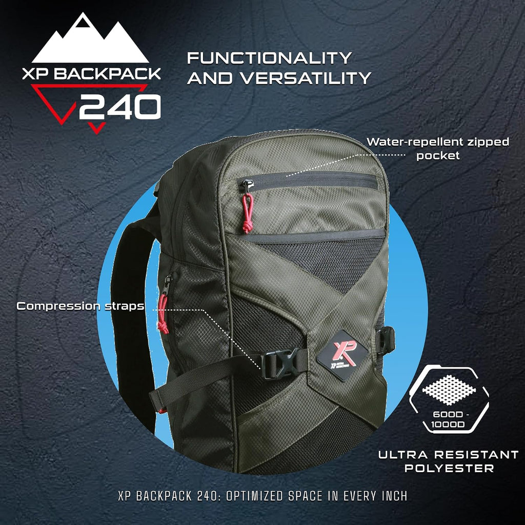 Mochila XP 240 ligera y robusta, diseñada para detectores de metales, 8 bolsillos
