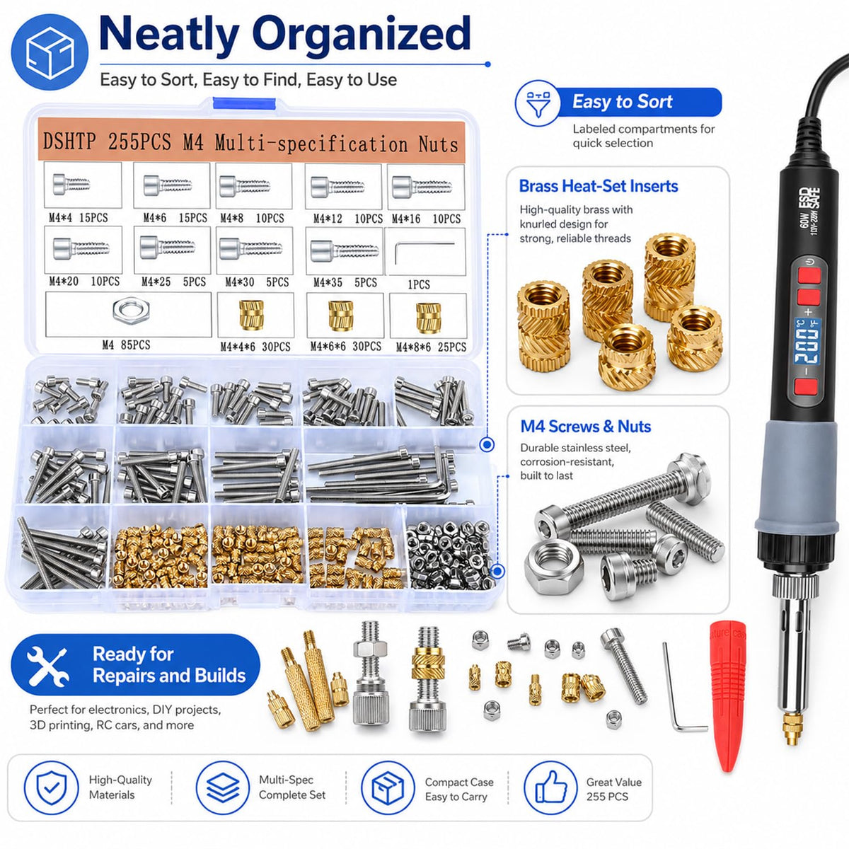 Kit de inserción de calor M4 para impresión 3D, insertos roscados Kit de