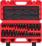 Juego de llaves de impacto con puntas hexagonales: 36 piezas con 4 adaptadores, juego Drive Master de 1/4" 3/8" 1/2" de impacto, SAE y métrico, H5-H19 y 3/4"-5/64", estuche de almacenamiento