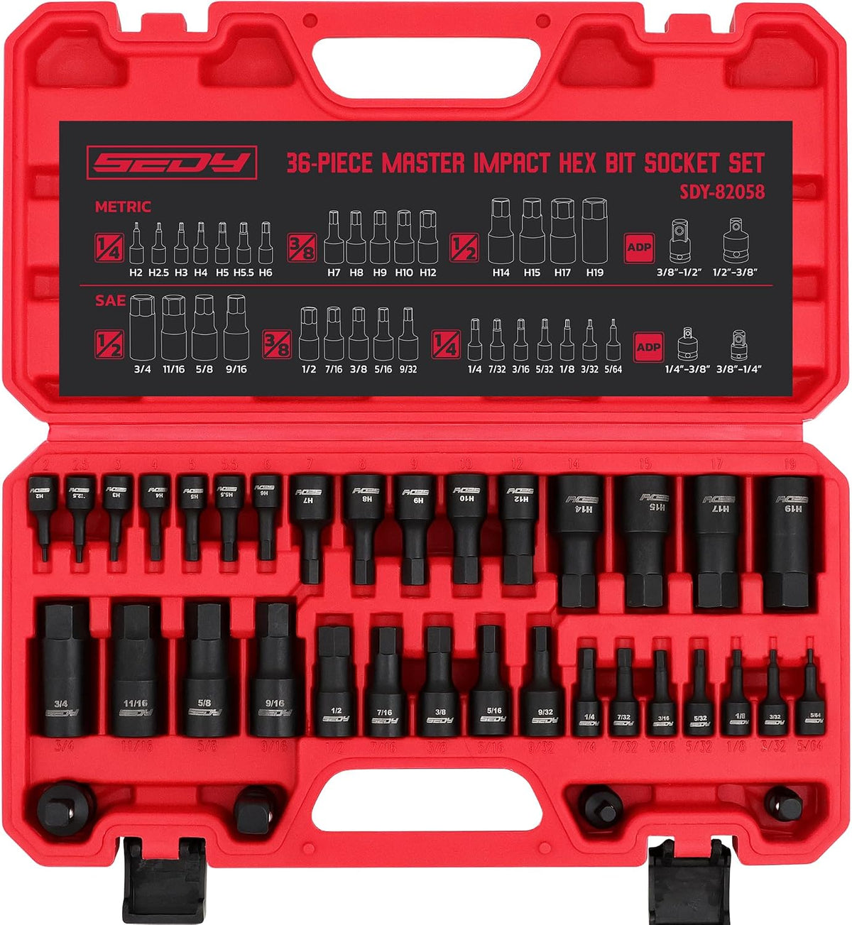Juego de llaves de impacto con puntas hexagonales: 36 piezas con 4 adaptadores, juego Drive Master de 1/4" 3/8" 1/2" de impacto, SAE y métrico, H5-H19 y 3/4"-5/64", estuche de almacenamiento