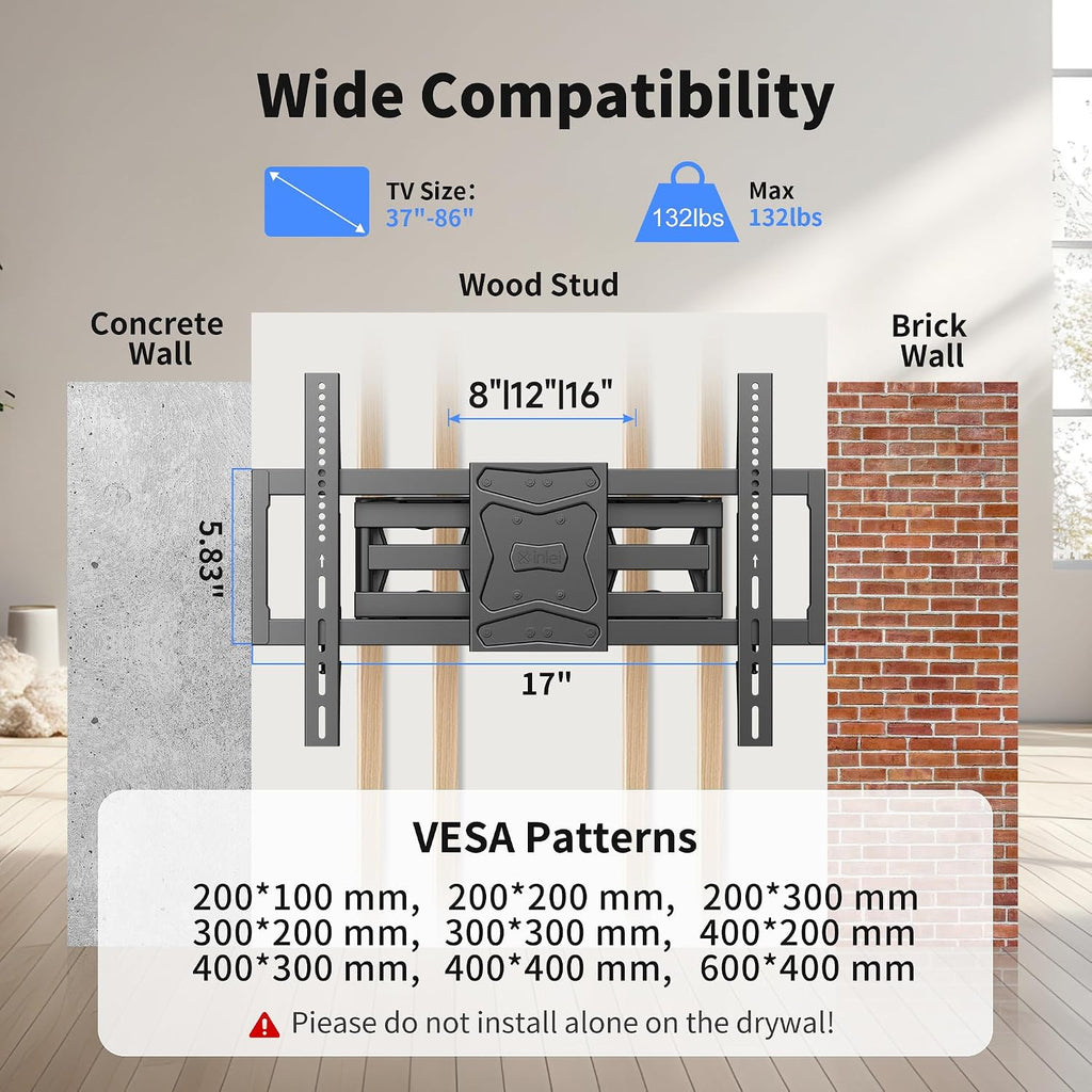 Soporte de pared para TV de movimiento completo para la mayoría de televisores planos/curvos de 37"-86" de hasta 132 libras, soporte giratorio de inclinación con 6 brazos articulados, VESA máximo de 23.622 x 15.748 in, perno de madera máximo de 16
