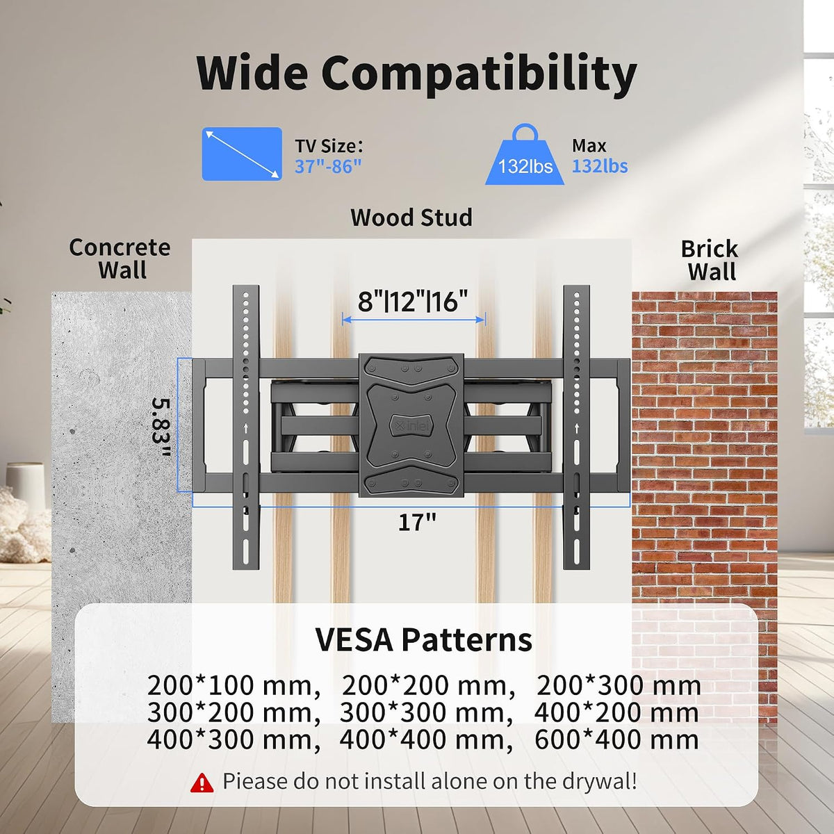 Soporte de pared para TV de movimiento completo para la mayoría de televisores planos/curvos de 37"-86" de hasta 132 libras, soporte giratorio de inclinación con 6 brazos articulados, VESA máximo de 23.622 x 15.748 in, perno de madera máximo de 16