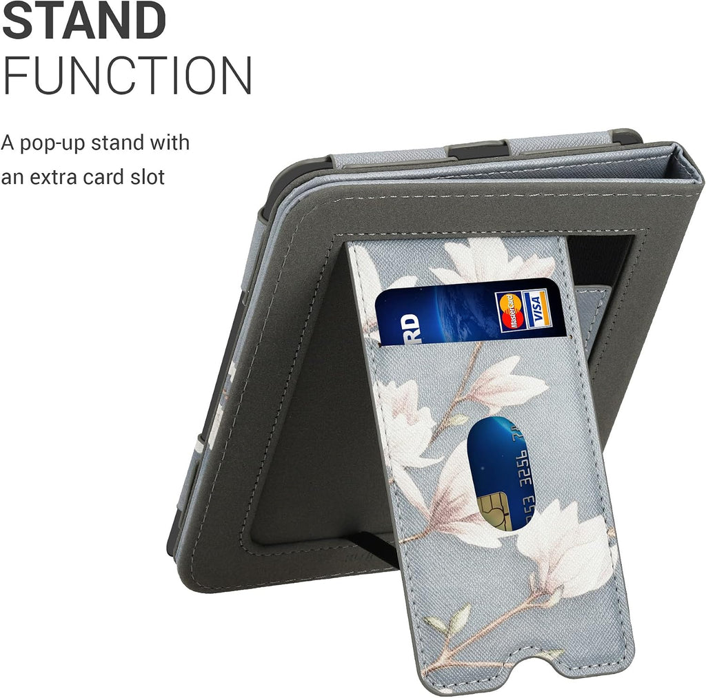 kwmobile Funda compatible con Barnes & Noble Nook Glowlight 4 / 4e - Funda de piel sintética con cierre magnético, soporte, correa, ranura para tarjetas, magnolias gris pardo/blanco/azul gris