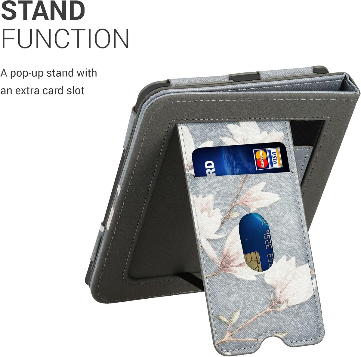 kwmobile Funda compatible con Barnes & Noble Nook Glowlight 4 / 4e - Funda de piel sintética con cierre magnético, soporte, correa, ranura para tarjetas, magnolias gris pardo/blanco/azul gris