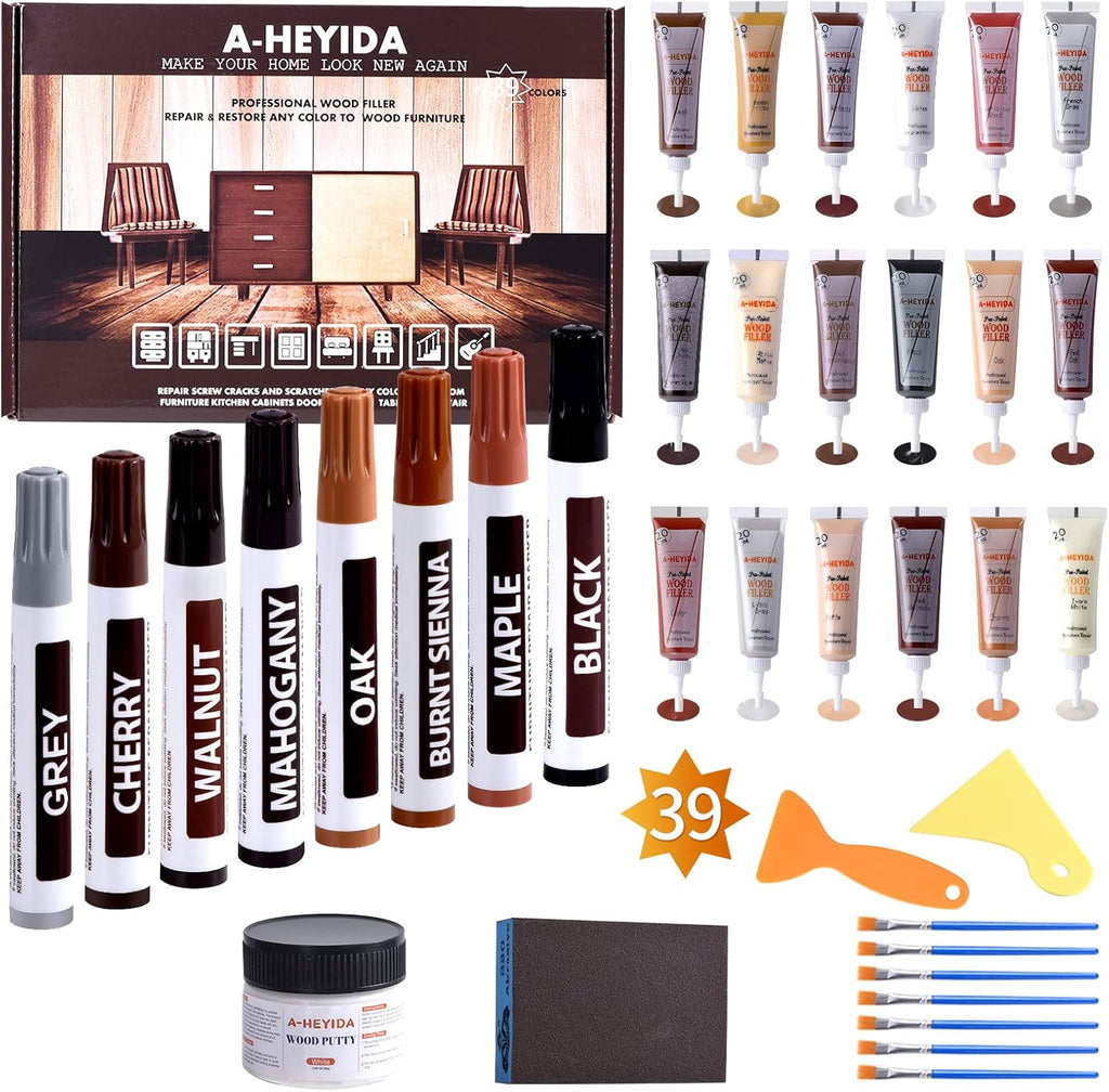 Kit de reparación de muebles de madera, juego de 39, kit de reparación de arañazos para suelo, relleno de madera, kit de reparación de muebles, marcadores de madera para rasguños, manchas agujeros, retoque cualquier madera, madera dura, laminado, puerta