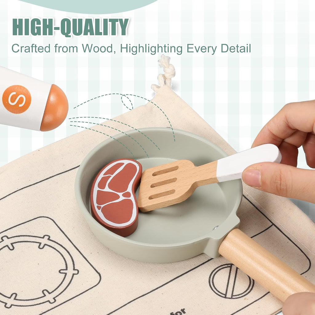 Juego de cocina de madera, juguetes de accesorios de cocina de simulación para niños y niños pequeños, incluye platos de juego, olla y sartén, utensilios, regalos para niñas y niños de 3, 4
