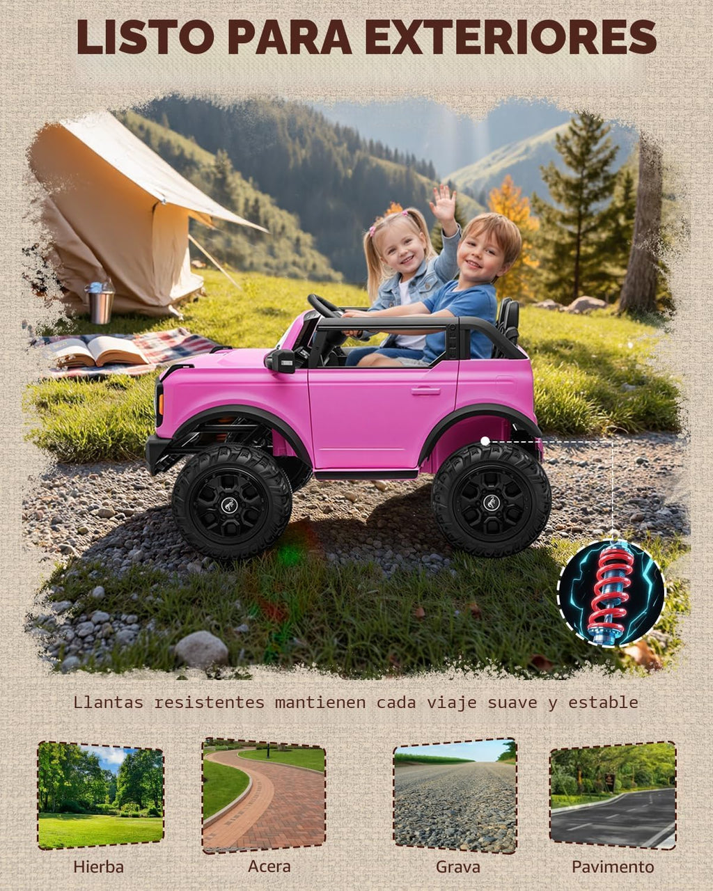 First Ride On Juguetes de paseo de 24 V para niños grandes, auto eléctrico de 2 plazas con licencia Ford Bronco Base con control remoto, camión con cinturones de seguridad, 3 velocidades, suspensión de resorte y Bluetooth (rosa)