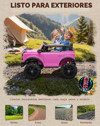 First Ride On Juguetes de paseo de 24 V para niños grandes, auto eléctrico de 2 plazas con licencia Ford Bronco Base con control remoto, camión con cinturones de seguridad, 3 velocidades, suspensión de resorte y Bluetooth (rosa)