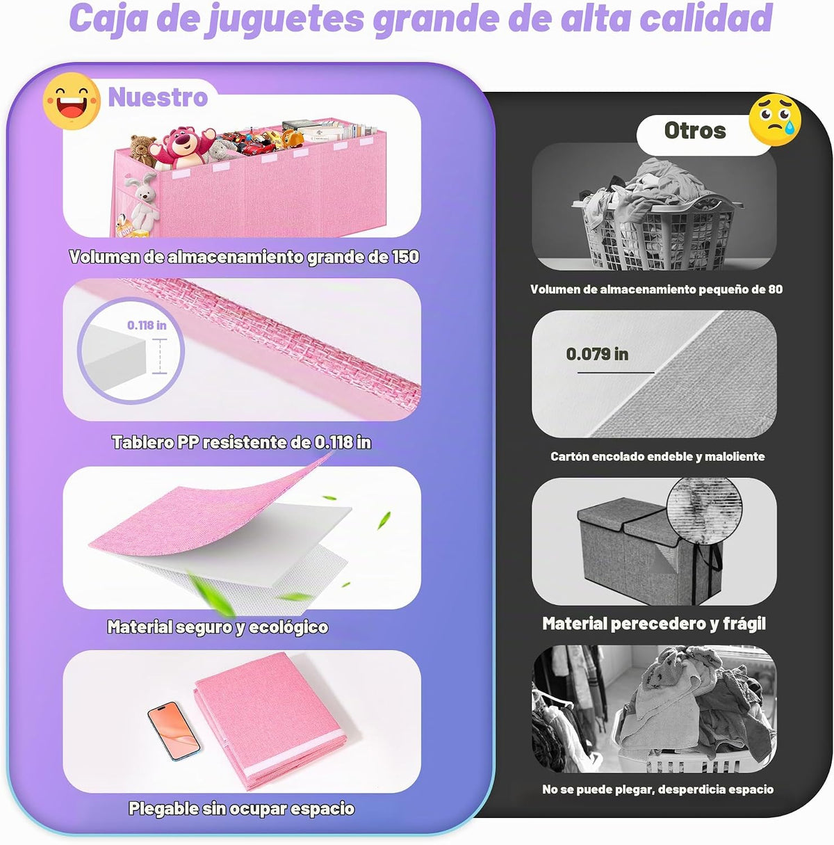 Caja de juguetes extra grande con tapa, cofre de almacenamiento plegable, 40"x16"x16" Rosado