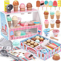 Juguetes de helado de madera para niños, tienda de juegos de cocina para niños pequeños, accesorios de cocina con cucharada, menú y dinero falso, juguetes de madera para cumpleaños de niños y niñas de 3, 4, 5 años