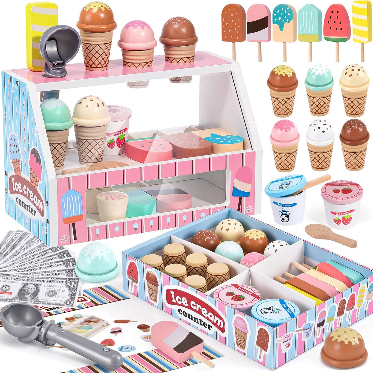 Juguetes de helado de madera para niños, tienda de juegos de cocina para niños pequeños, accesorios de cocina con cucharada, menú y dinero falso, juguetes de madera para cumpleaños de niños y niñas de 3, 4, 5 años