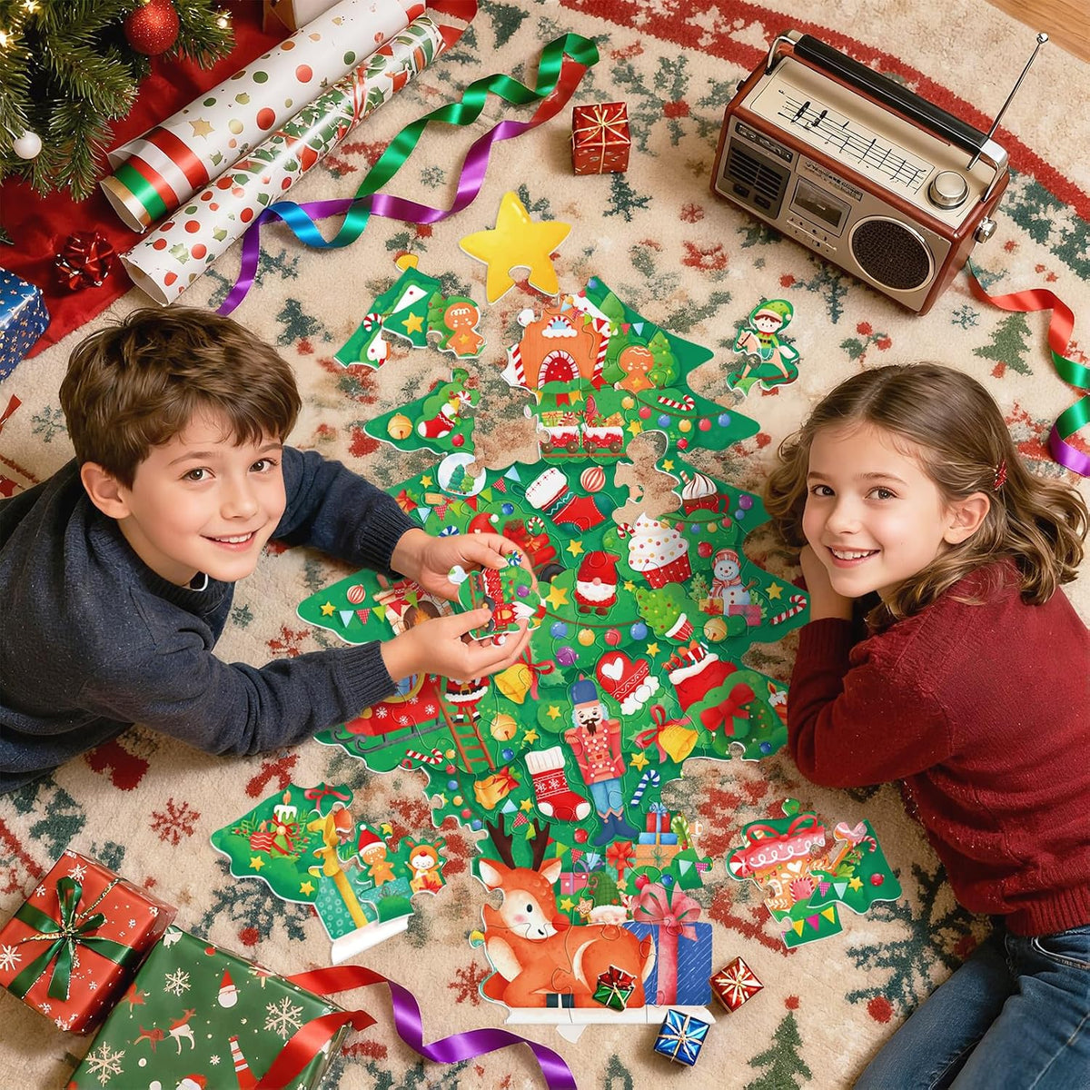 Gatherfun - Rompecabezas de piso de Navidad para niños de 3 a 5 años con 48 piezas grandes, rompecabezas de piso en forma de árbol de Navidad para decoraciones de fiestas, regalos y actividades en el aula