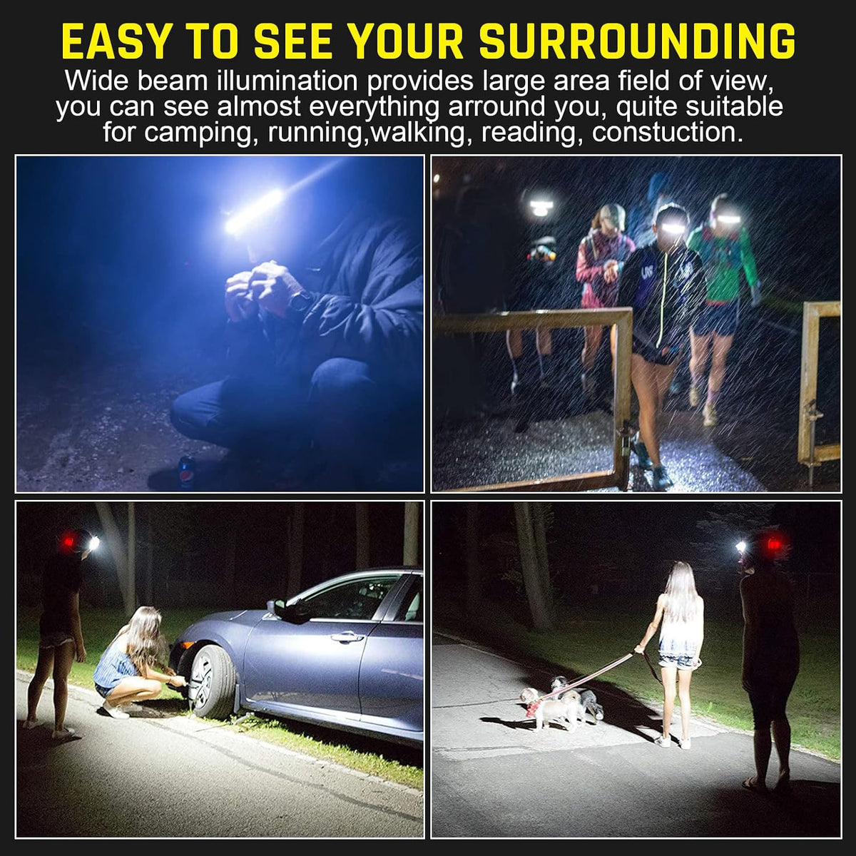 Faro LED recargable por USB, 1000 lúmenes, 230°, haz ancho con luz trasera roja, luz de diadema súper brillante, faros impermeables para camping, senderismo, casco duro, paquete de 2