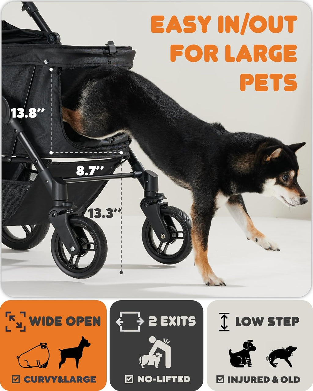 Zoosky Cochecito mediano para perros grandes, cochecito para mascotas para perros medianos de hasta 66 libras, todo terreno con asa y toldo ajustables, sombrillas, organizador de almacenamiento, fibra