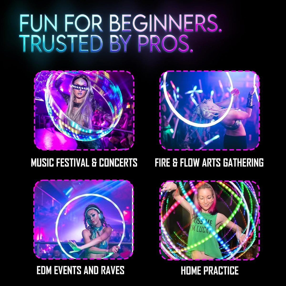 UltraHoop Shuffle LED Hoop – Aro LED inteligente con cambio de color automático y más de 100 patrones de luz – Recargable, plegable, juguetes de flujo que brillan en la oscuridad para